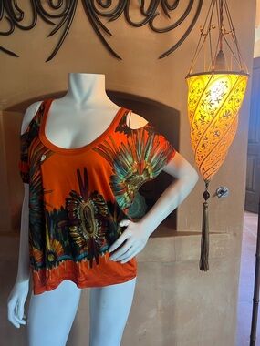 Women’s Orange Floral Cold-Shoulder Top vintage